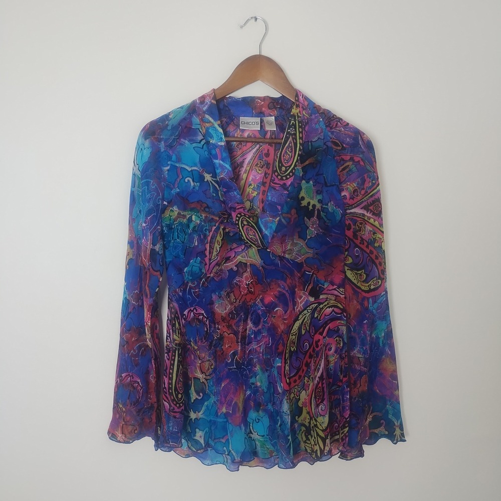 Vintage Chico's 100% Silk Tunic Blouse Women's 0 Sheer Bell Sleeve Boho Artistic